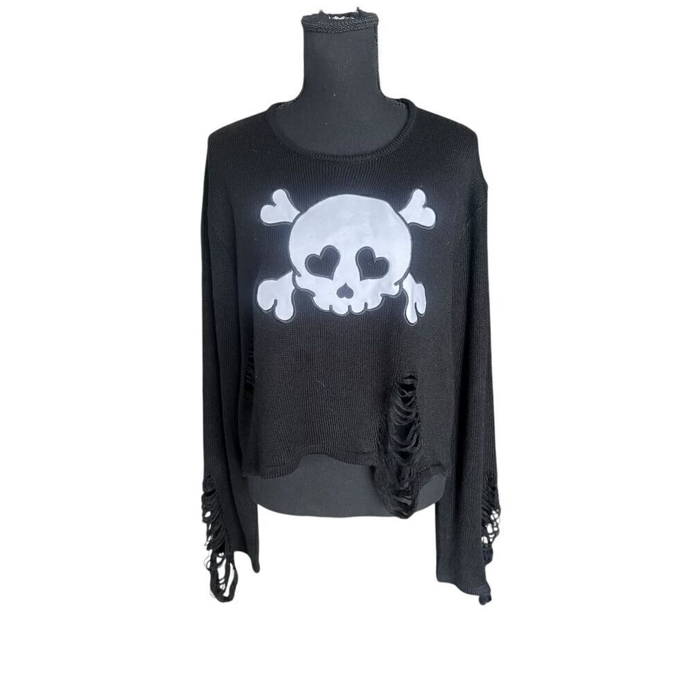 Dolls kill dead wrong skull M/L distressed knit long sleeve black sweater ￼